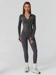 MASKERT 女士套装拼布外套女瑜伽服运动服健身服弹力拼布长裤紧身跑步服柔软舒适居家休闲 - 深灰色 - 查看 4