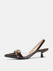 Tacones altos de tacón de gatito con puntera puntiaguda y decoración de cadena metálica para mujer, de color marrón oscuro, elegantes y sexys para fiestas, bodas, al aire libre, citas, regalos de cumpleaños, uso diario y ocasiones formales