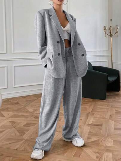 2 pezzi Completo da donna doppiopetto tinta unita con tasca, adatto per l'ufficio e l'uso quotidiano, per tutte le stagioni