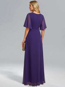 Dark Purple Chiffon Flowing V-Neck Ruffled Maxi Cocktail Dress With Pleats And Diamond Embellished A-Line Ball Gown - Purple - View 3