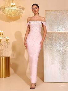 New Sexy Yellow Heavily Embellished Pearl & Rhinestone Off-Shoulder Bandage Maxi Dress, Elegant Women's Birthday Party, Wedding Guest, Formal Dinner, Christmas Party Gown - Pink - View 6