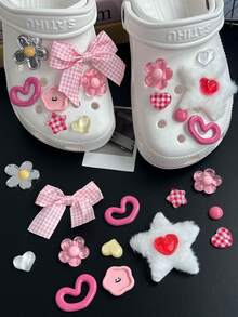 13 件可爱粉色少女鞋饰套装 - 蝴蝶结、心形和花朵装饰、配饰 - 粉紅色可愛套裝-13pcs - 查看 9