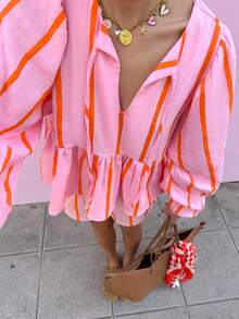 时尚优雅条纹荷叶边下摆休闲衬衫，适合海滩、度假、旅行 - 粉色 - 查看 2