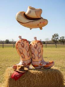 3个/6个牛仔主题派对装饰气球，适用于“牛仔和女牛仔”主题派对装饰，牛仔靴、牛仔帽（男女款）、奶牛主题、谷仓派对、运动派对/单身派对/乡村派对/迪斯科粉色西部女牛仔派对装饰、婴儿派对 - 彩色 - 查看 12