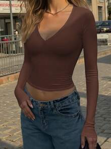 GLAMSKIN Women's Summer/Autumn Basic Striped Color Block Trim V-Neck Long Sleeve Top, Back To School/Outing/Streetwear Brown Casual - Brown - View 5