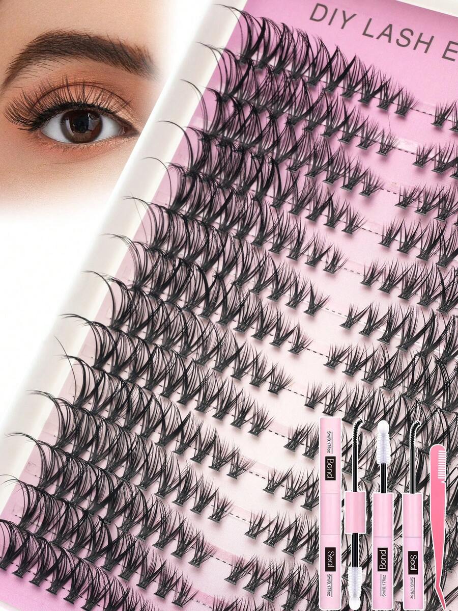 New 280pcs Individual Lashes Cluster D Curl,DIY Eyelash Extension Kit , 8-16mm Mix Lash Clusters With Lash Bond And Seal And Lash Applicator Tool For Self Application At Home - 黑色 - 查看 1
