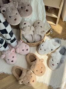 Damskie beżowe kapcie z motywem misia z kreskówki, urocze, pluszowe, z motywem rodziny zwierząt EVA, grube, puszyste, zimowe kapcie do użytku wewnątrz i na zewnątrz