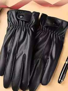 1 Pair Men's Autumn/Winter Fashion Warm PU Leather Gloves, Outdoor Windproof Waterproof Thermal Lined Touchscreen Gloves, Faux Sheepskin Faux Leather Winter Snow Gloves