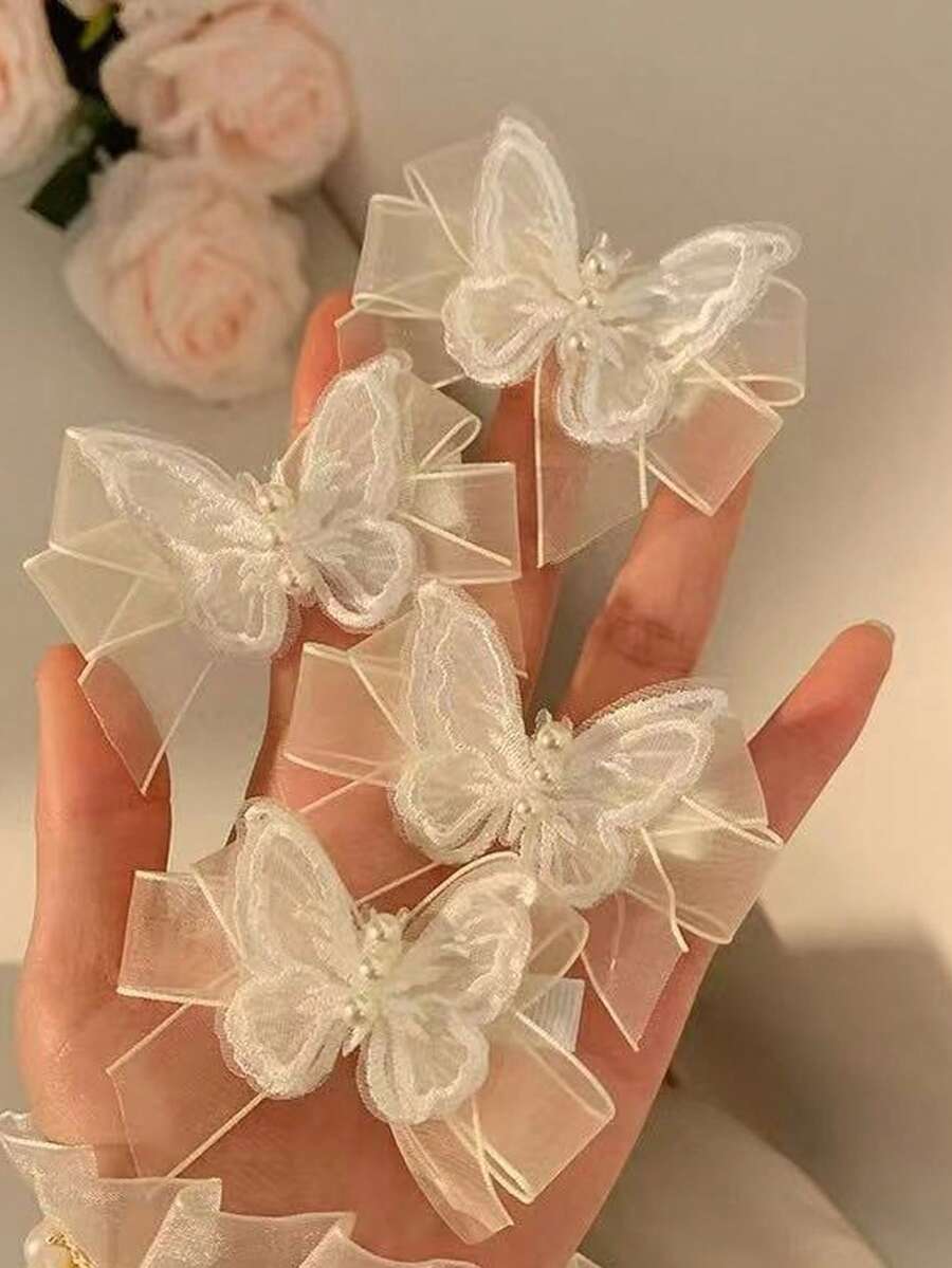 4 Stücke/Set Kinder Einfarbige Bestickter Schmetterling Perlen Haarspangen, süß & niedlich für Mädchen, geeignet für den täglichen Gebrauch und Partys