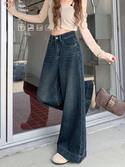 复古简约百搭阔腿喇叭牛仔裤，宽松直筒全长裤