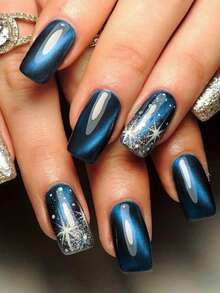 24 pezzi di unghie finte quadrate corte, di colore blu scuro, con glitter dorati e motivi a stelle bianche