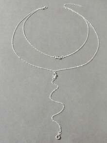 1pc Y-Shaped Double Layer Silver Chain Long Pendant Necklace, Jewelry For Party, Social Gathering - Silver - View 2