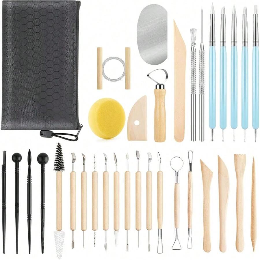 34 Count Clay Sculpting Tools, Pottery & Clay Modeling Tools, Ceramics Polymer Tools Set With Case For Air Fary Clay, Carving, Molding, Pottery Wheel, Crafting Supplies, Pros, Beginners, Adults