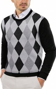 Men's Crew Neck Sweater Slim Fit Lightweight Sweatshirts Knitted Pullover For Casual Or Dressy Wear - 黑色菱形花紋 - 查看 8