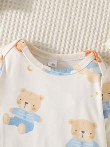 2件套新生儿可爱小熊印花长袖连体衣带帽子，婴儿连体衣套装组合 - 彩色 - 查看 5