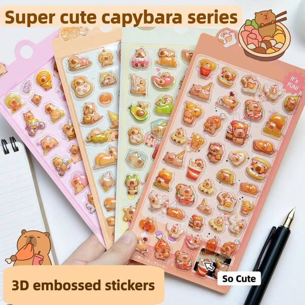Pegatinas de capibara de dibujos animados en 3D, pegatinas transparentes en relieve y creativas para scrapbooking, pegatinas decorativas de cristal de diamante, regalo para niños en Navidad/Acción de Gracias/Cumpleaños
