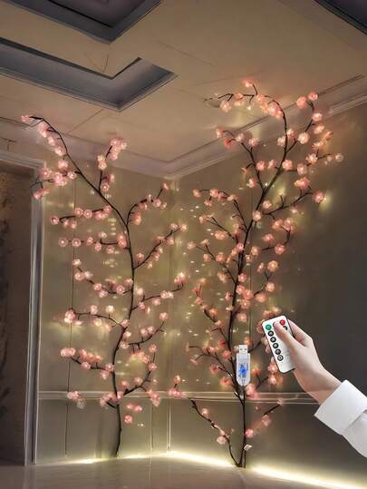 1 pieza Árbol de flores de cerezo artificial de 72/96/144 LED, luz de decoración navideña, luz de decoración de flores artificiales, luz de decoración DIY, adecuada para diversas decoraciones de fiestas. Luz de rama de árbol artificial alimentada por USB, para decoración de interiores del hogar, pared, dormitorio, sala de estar. Rama de sauce flexible con 8 modos de luz de vid, adecuada para ambiente interior, fiestas, vacaciones e ideas de regalo