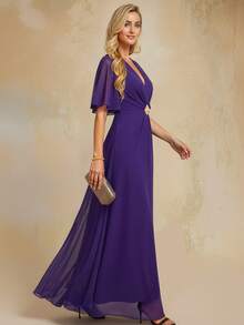 Dark Purple Chiffon Flowing V-Neck Ruffled Maxi Cocktail Dress With Pleats And Diamond Embellished A-Line Ball Gown - Purple - View 8