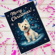 1 pièce Carte de vœux de Noël Westie - Un chien Westie avec un sapin de Noël, des flocons de neige et un nœud rouge sur un fond bleu marine d'hiver enneigé - Cadeau de vacances pour les amateurs d'animaux de compagnie - Conception mignonne de West Highland Terrier blanc - Parfait pour les propriétaires de Westie - Carte de vœux festive pour les amis et la famille - Illustration thématique de la saison hivernale confortable - Cadeau de Noël idéal pour les amateurs de chiens, également adapté comme carte de Noël amusante ou carte postale