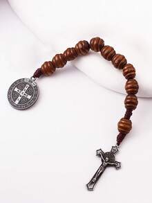 9 Inch St. Benedict Medal Prayer Beads, Catholic Brown Wooden Beads With St. Benedict Medal And Cross - Colorful - View 7