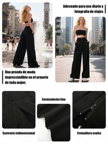 Pantalones de traje de cintura alta para mujer, pantalones anchos de color liso, pantalones de mujer, textura, simple, casual, de moda y versátil - Negro - Ver 6