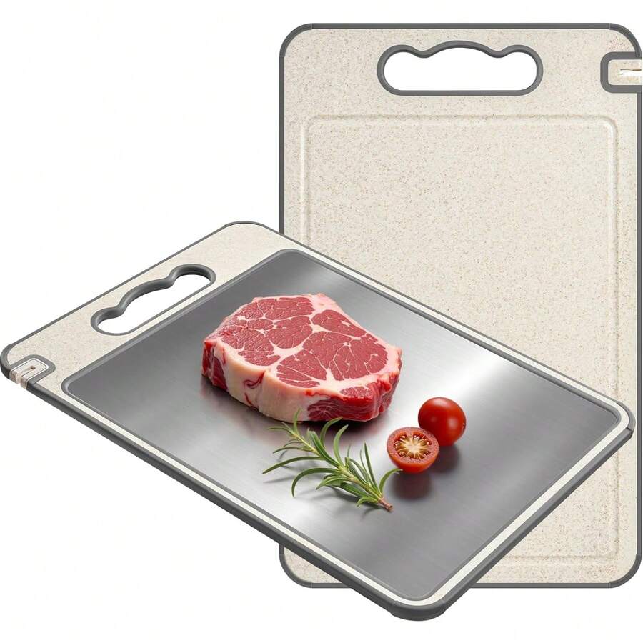 4 In 1 Stainless Steel Double Sided Cutting Board For Kitchen,Chopping Boards For Raw Meat 15x10'',Juice Groove, With Knife Sharpener And Garlic Grinde - 淺褐色的 - 查看 1
