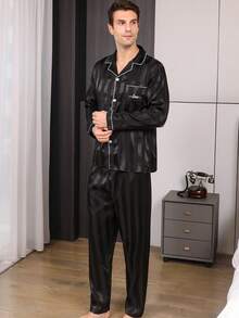 Men's Satin Pajama Set, Silk Robe With Long Pants, Button-Up Long Sleeve Top With Striped Letter Embroidery, 2-Piece Loungewear For Spring/Autumn, Winter Clothing - Black - View 5