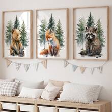 3 buc/set poster pe pânză cu animale din pădure pentru camera copiilor, decor de perete pentru camera copiilor, cadou pentru petrecerea de baby shower, artă pentru camera copiilor, animale din pădure, animale în acuarelă, urs, vulpe, raton, potrivit pentru decorul casei, decorul camerei, decorul dormitorului, decorul camerei de zi, decorul băii, decorul de perete, artă de perete opțională cu ramă
