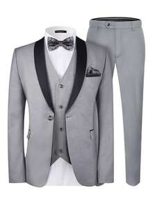 Conjunto de traje de esmoquin de 3 piezas de corte slim para hombre, con chaqueta blazer de solapa de chale, chaleco y pantalones, color negro - Gris Claro - Ver 3