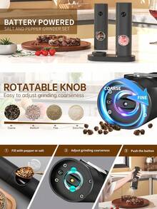 2件套电动胡椒盐研磨器，电池供电，粗细可调，黑胡椒研磨器，自动研磨，适用于烧烤、餐厅、厨房 - 可研磨黑胡椒、白胡椒、海盐、孜然