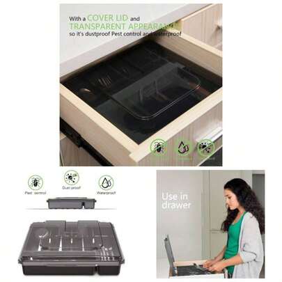 Silverware Tray With Lid, Utensil Drawer Organizer Kitchen Countertop Plastic Flatware Organizers And Storage Holder 5 Compartments Black