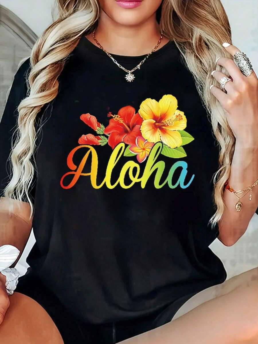 Valentine's Day Sports T-Shirts Women's Casual Crew Neck T-Shirt - Floral & Aloha Print Short Sleeve Top, Stretchy Fabric, Machine Washable, Spring Summer Fall Comfort Fit, Valentine's Day Outfit, Summer Fashion, Playful Print, Stretchy Fabric, Comfortable Fit - màu đen - Xem 1