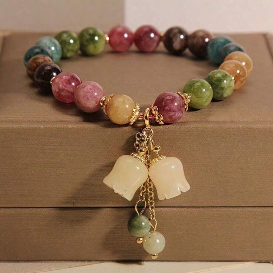 Rainbow Lotus Flower Charm Bracelet For Women- Unique Orchid Pendant Summer Beaded Handchain