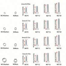 240 piezas Juego de surtido de tuercas y pernos hexagonales - Tornillos de cabeza hueca M2, M3, M4, M5 con arandelas planas, 240 piezas de pernos