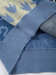 Maglione girocollo casual e ampio da uomo, in maglia, con motivo a dinosauro e cuore, stampa di lettere inglesi carino, effetto ringiovanente, adatto per autunno/inverno