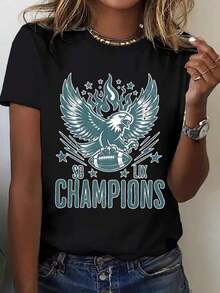 Women's Super LIX Champions Eagle Football Graphic T-Shirt - Casual Sporty Tee For Game Day, Party, Or Everyday Wear - 黑色 - 查看 1