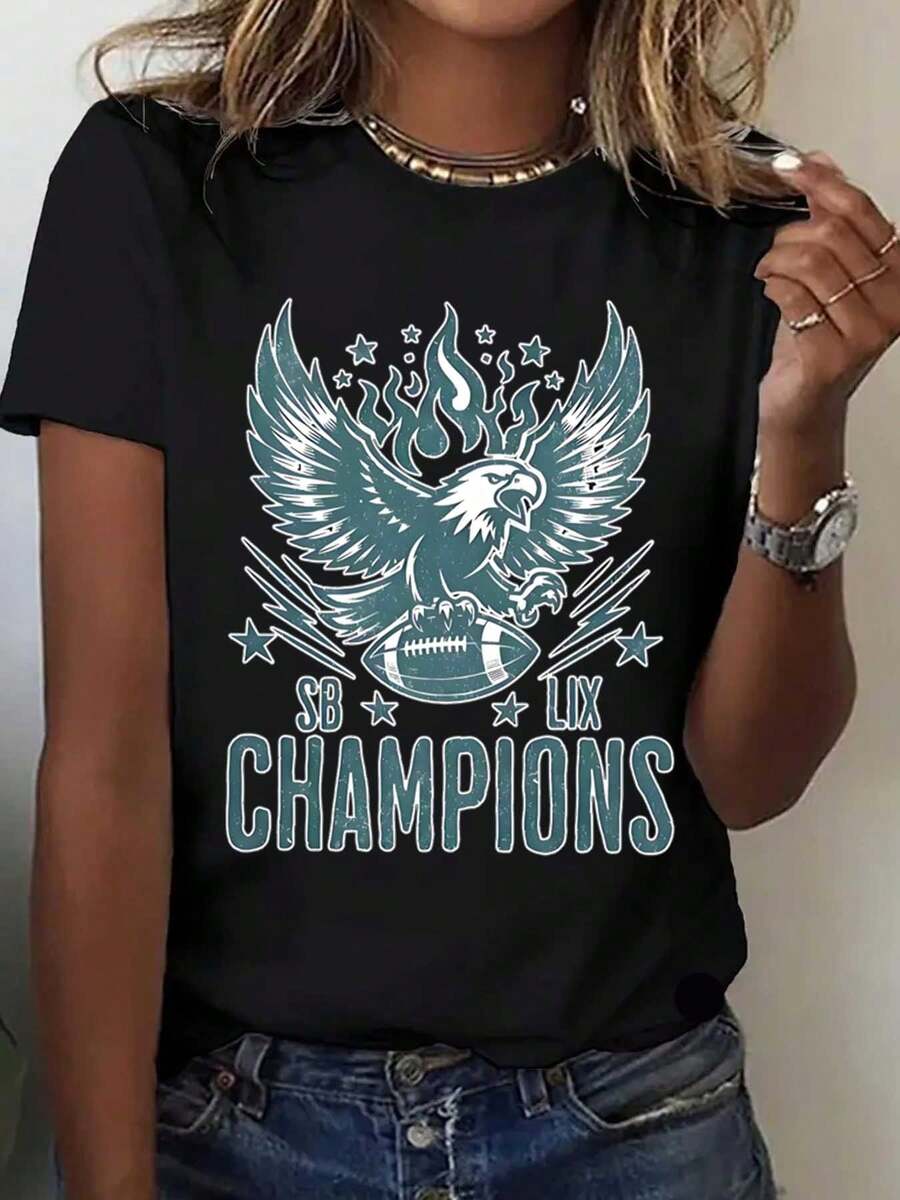 Women's Super LIX Champions Eagle Football Graphic T-Shirt - Casual Sporty Tee For Game Day, Party, Or Everyday Wear - 黑色 - 查看 1