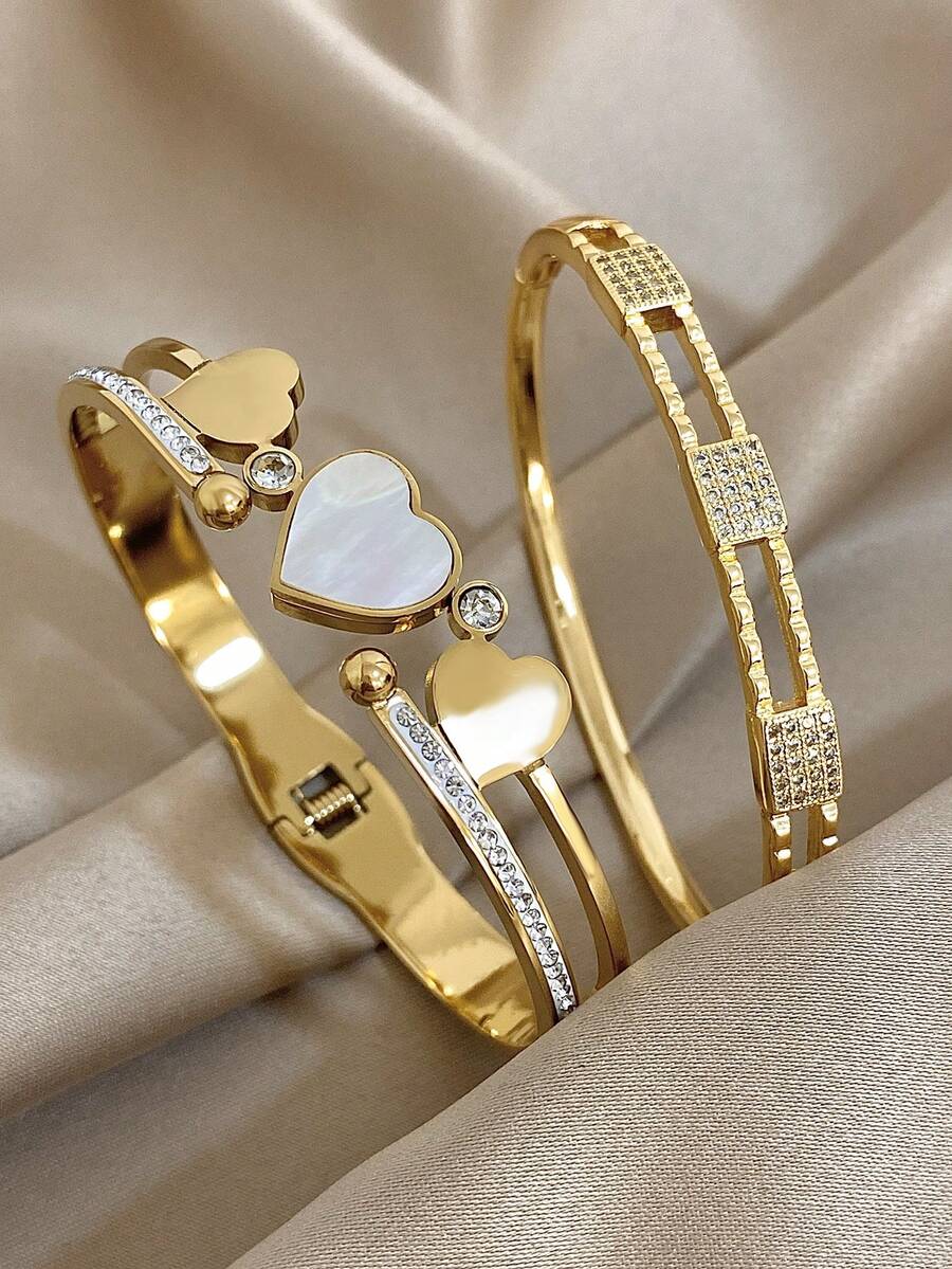 Pulsera elegante de brazalete con diamantes de imitación con forma de corazón para mujeres, pulsera cuadrada de acero inoxidable dorado para uso diario, fiestas, joyería, regalos de Halloween y Navidad