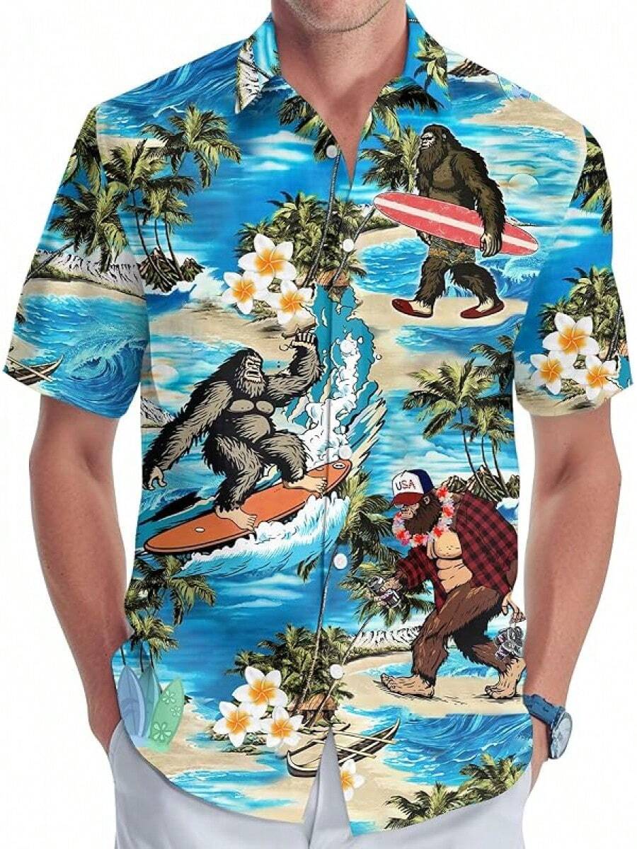 Cool Bigfoot Men's Hawaiian Shirt, Funny Sasquatch Unisex Short Sleeve Button Shirthalloween - Bãi biển Bigfoot - Xem 1