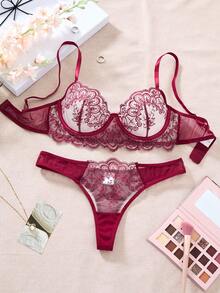1 Of 2 Pieces Of Women's Christmas Wine Red Sexy Fun Underwear Set, Semi-Transparent Embroidered Ruffle Hem Bra And Triangle Panties Lingerie Set, Christmas Halloween Crazy Night Party Surprise Gift