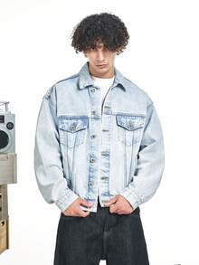 MT99 MT99 Classic Original Denim Blue Jacket, American Casual White Button Lapel Unisex Bomber