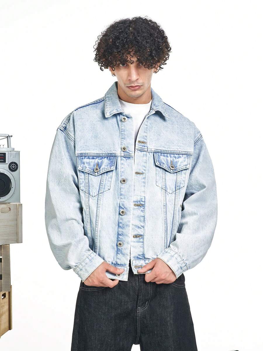 MT99 MT99 Classic Original Denim Blue Jacket, American Casual White Button Lapel Unisex Bomber
