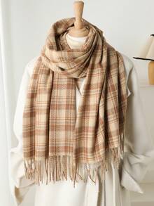 1 pieza Elegante bufanda/echarpe de mujer a cuadros multicolor con flecos de imitación de cachemira, Chal/pashmina de cachemira, Bufanda de cuello unisex estilo grueso y casual para el invierno, Chal envolvente para mujer, Suave y cómoda, Para uso diario y salidas, así como regalos navideños para miembros de la familia