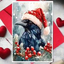 Aquarell Feiertags-Rabe Karte, Weihnachts-Rabe Grußkarte, festliche Wintervogel Kunst, handgemachte Feiertags Karte, Aquarell Grußkarte - 11cm/4,33"x16cm/6,29", Weihnachtskarten mit Umschlägen, Grußkarten, Grußkarten mit Umschlägen, Pop-up Karten, Pop-up Weihnachtskarten