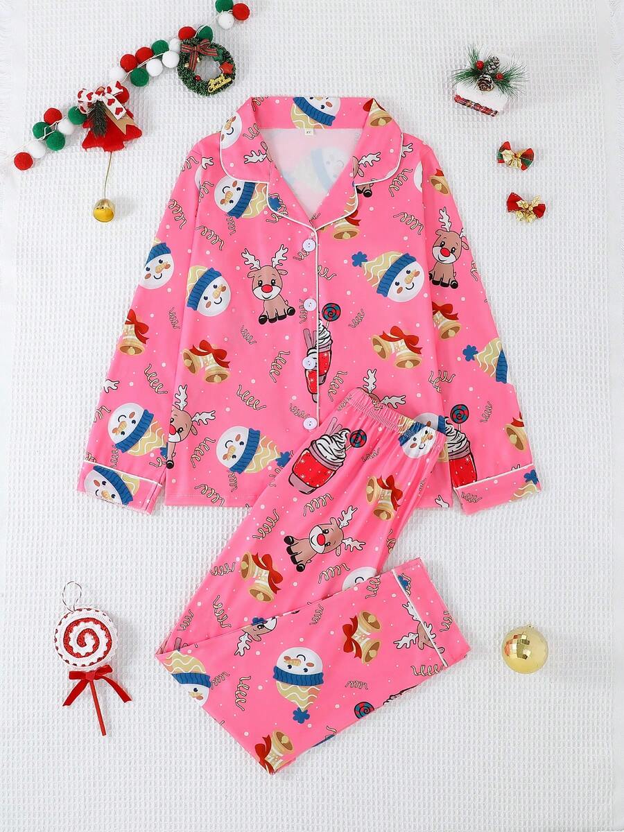 2pcs/Set Girls & Teens Casual Cartoon Christmas Deer & Bell Print Lapel Long Sleeve Cardigan And Pants Sleepwear Set, Flame Retardant, Suitable For All Seasons & Christmas - Pink - View 1