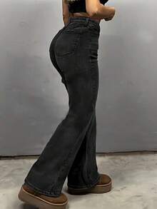 MYOURSA Jeans a vita alta a zampa d'elefante, pantaloni elasticizzati a zampa di donna, abbigliamento casual retrò di Y2K - Grigio - Visualizzare 4