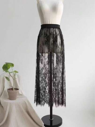 Elegant Black Lace High Waist See-Through Skirt, Sexy & Commuter-Friendly, New European Style