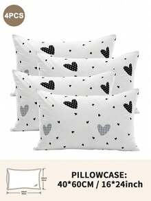 1pc/2pcs/4pcs Black And White Heart Pattern Pillow Cover Set (Pillow Inner Not Included), Soft & Comfortable, Suitable For All Seasons