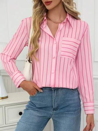 女士优雅通勤百搭休闲条纹衬衫，适合休闲和正式装束，可机洗且易于护理，优雅休闲风格，透气面料，纽扣口袋常规版型上衣，适合办公室或日常场合，适合所有季节
