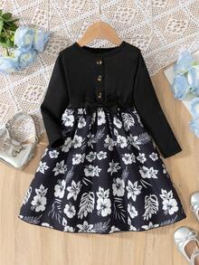 年轻女孩休闲针织条纹仿开衫纽扣装饰长袖圆领花卉印花 A 字连衣裙，适合日常、居家、户外、运动、春秋季 - 黑色 - 查看 2